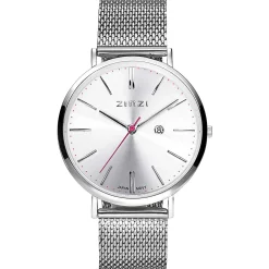 Zinzi Retro horloge zilvergekleurde wijzerplaat en kast stalen mesh band 38mm extra dun ZIW402M