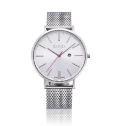 Zinzi Retro horloge zilvergekleurde wijzerplaat en kast stalen mesh band 38mm extra dun ZIW402M