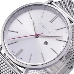 Zinzi Retro horloge zilvergekleurde wijzerplaat en kast stalen mesh band 38mm extra dun ZIW402M