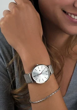 Zinzi Retro horloge zilvergekleurde wijzerplaat en kast stalen mesh band 38mm extra dun ZIW402M