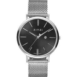 Zinzi Retro horloge zwarte wijzerplaat zilvergekleurde kast stalen mesh band 38mm extra dun ZIW401M