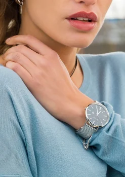 Zinzi Retro horloge zwarte wijzerplaat zilvergekleurde kast stalen mesh band 38mm extra dun ZIW401M