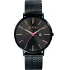 ZINZI Retro horloge zwarte wijzerplaat en zwarte stalen kast zwarte stalen mesh band 38mm extra dun ZIW409M