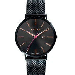 ZINZI Retro horloge zwarte wijzerplaat en zwarte stalen kast zwarte stalen mesh band 38mm extra dun ZIW409M