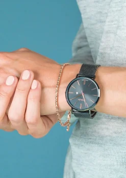 ZINZI Retro horloge zwarte wijzerplaat en zwarte stalen kast zwarte stalen mesh band 38mm extra dun ZIW409M