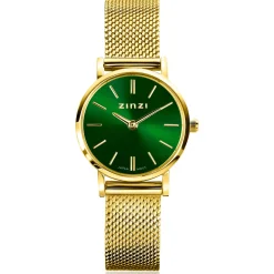 ZINZI Retro Mini horloge groene wijzerplaat, geelgoudkleurige kast en stalen mesh band, 24mm extra dun ZIW1835