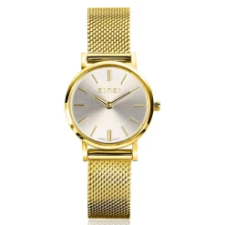 ZINZI Retro Mini horloge zilvergekleurde wijzerplaat, geelgoudkleurige kast en stalen mesh band, 24mm extra dun ZIW1833
