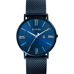 ZINZI Roman horloge blauwgekleurde wijzerplaat en kast met zilverkleurige wijzers blauwe stalen mesh band 34mm extra dun ZIW551M
