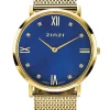 ZINZI Roman horloge donkerblauwe parelmoer wijzerplaat, geelgoudkleurige stalen kast, witte zirconia's bij uuraanduiding, geelgoudkleurige stalen mesh band 34mm extra dun ZIW547M