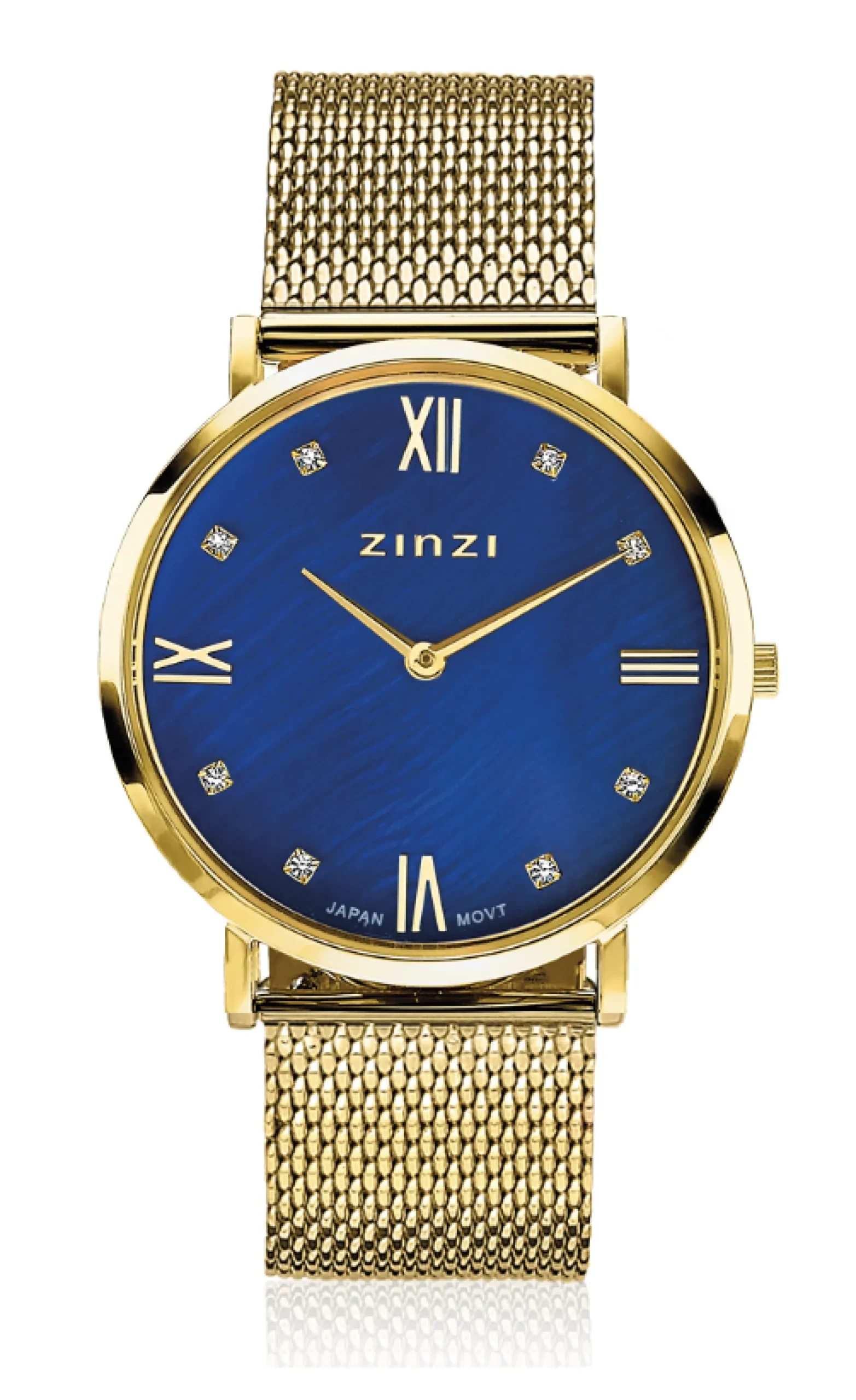 ZINZI Roman horloge donkerblauwe parelmoer wijzerplaat, geelgoudkleurige stalen kast, witte zirconia's bij uuraanduiding, geelgoudkleurige stalen mesh band 34mm extra dun ZIW547M