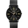ZINZI Roman horloge 34mm zwarte wijzerplaat, zwarte kast met geelvergulde wijzers zwarte stalen mesh band extra dun ZIW549M