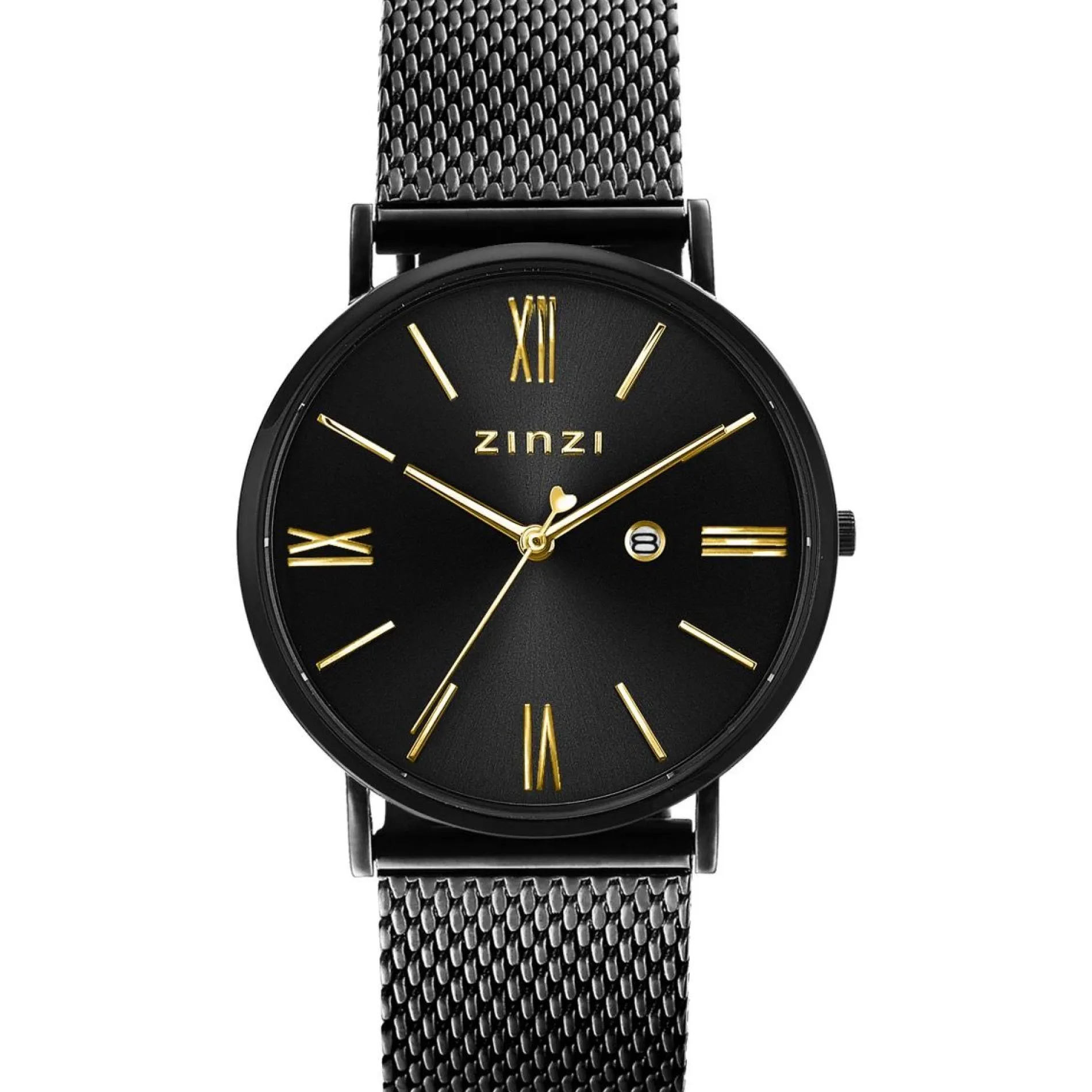 ZINZI Roman horloge 34mm zwarte wijzerplaat, zwarte kast met geelvergulde wijzers zwarte stalen mesh band extra dun ZIW549M
