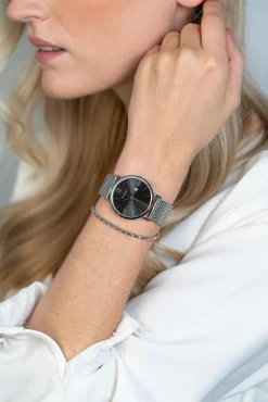 ZINZI Roman horloge 34mm zwarte sunray wijzerplaat en kast stalen mesh band extra dun ZIW501M