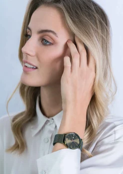 ZINZI Roman horloge olijfgroene wijzerplaat en kast met goudkleurige wijzers olijfgroene stalen mesh band 34mm ZIW544M