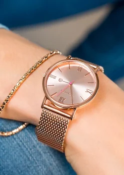 ZINZI Roman horloge roségoudkleurige wijzerplaat en kast stalen mesh band roségoudkleurig 34mm extra dun ZIW505M