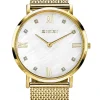 ZINZI Roman horloge witte parelmoer wijzerplaat stalen kast geelgoudkleurig stalen mesh band geelgoudkleurig 34mm extra dun ZIW548M