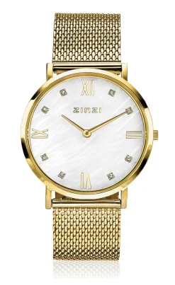 ZINZI Roman horloge witte parelmoer wijzerplaat stalen kast geelgoudkleurig stalen mesh band geelgoudkleurig 34mm extra dun ZIW548M