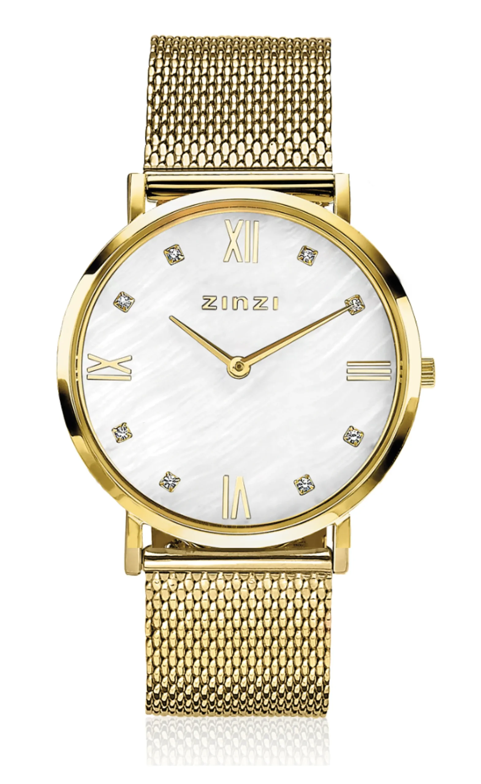 ZINZI Roman horloge witte parelmoer wijzerplaat stalen kast geelgoudkleurig stalen mesh band geelgoudkleurig 34mm extra dun ZIW548M