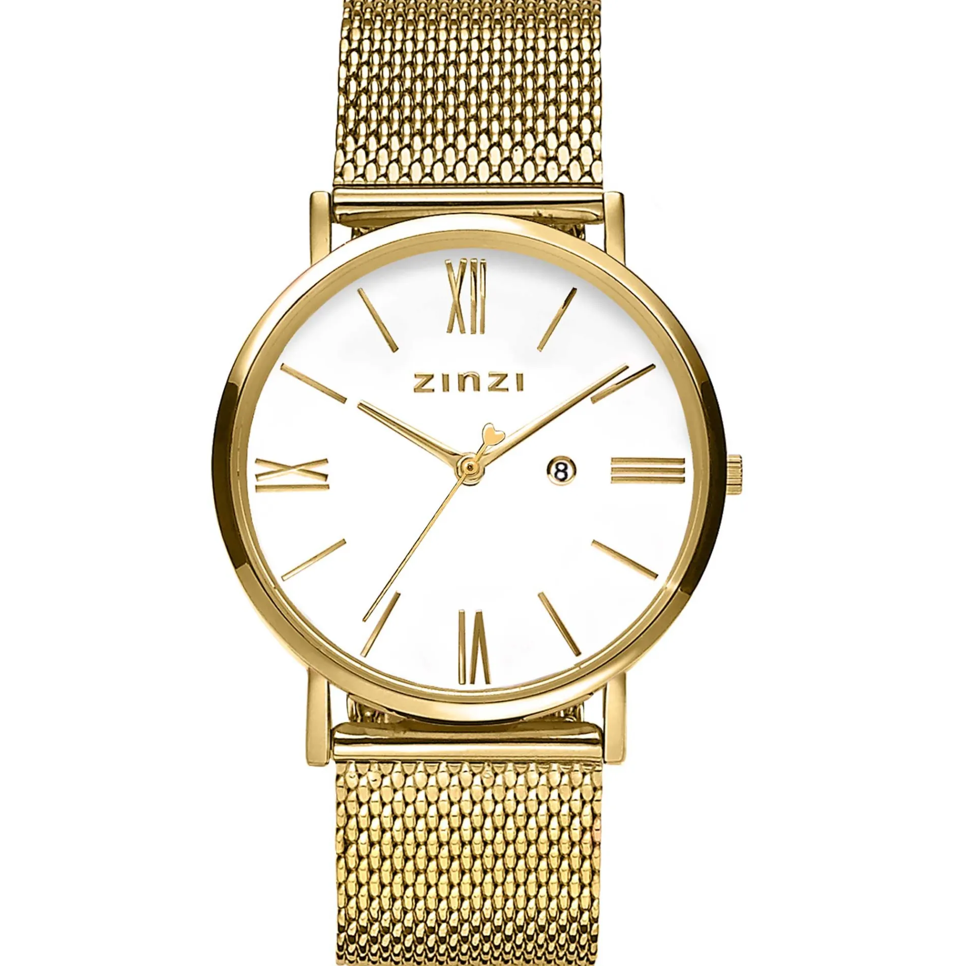 ZINZI Roman horloge witte wijzerplaat stalen kast geelgoudkleurig stalen mesh band geelgoudkleurig 34mm extra dun ZIW507M