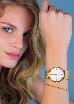 ZINZI Roman horloge witte wijzerplaat stalen kast geelgoudkleurig stalen mesh band geelgoudkleurig 34mm extra dun ZIW507M