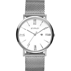 ZINZI Roman horloge witte wijzerplaat stalen kast stalen mesh band 34mm extra dun ZIW506M