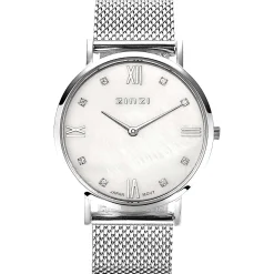 ZINZI Roman horloge witte parelmoer wijzerplaat, witte zirconia's bij uuraanduiding, stalen mesh band 34mm extra dun ZIW521M