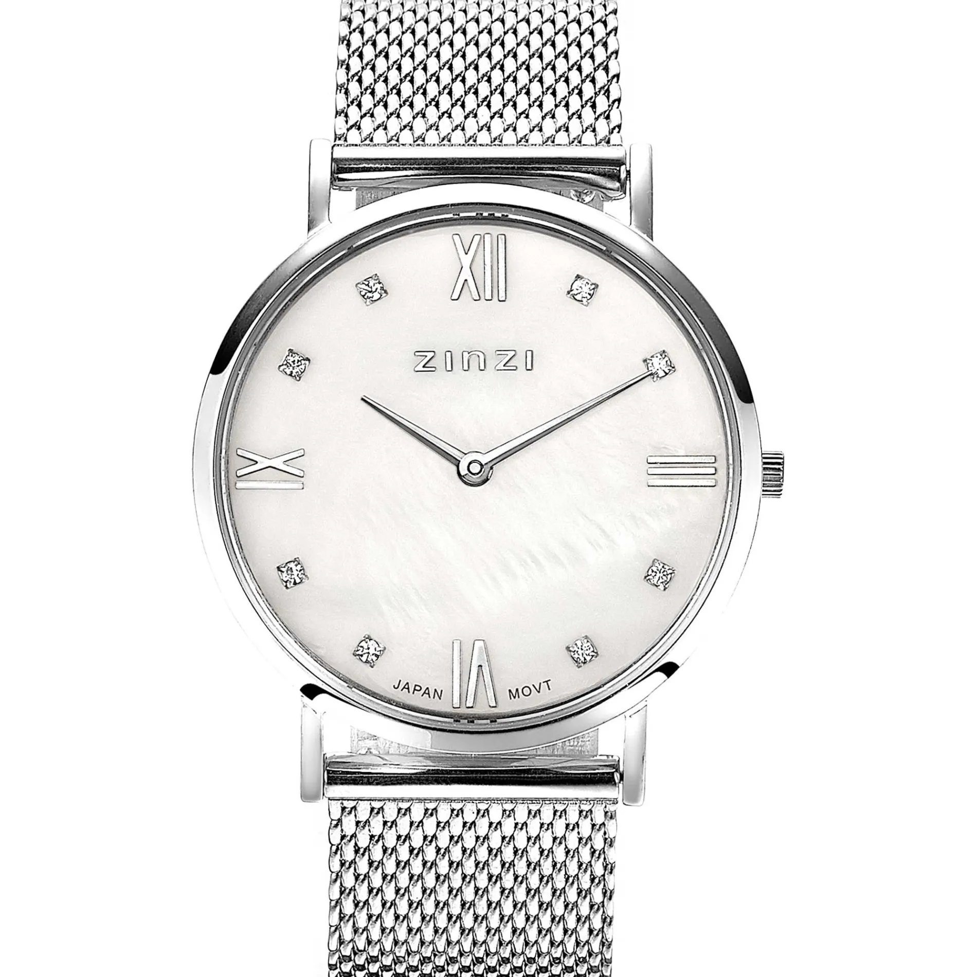 ZINZI Roman horloge witte parelmoer wijzerplaat, witte zirconia's bij uuraanduiding, stalen mesh band 34mm extra dun ZIW521M