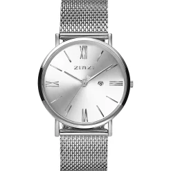 ZINZI Roman horloge zilvergekleurde wijzerplaat en kast stalen mesh band 34mm extra dun ZIW502M