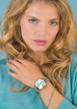ZINZI Roman horloge zilvergekleurde wijzerplaat en kast stalen mesh band 34mm extra dun ZIW502M