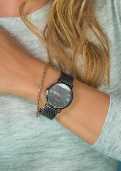 ZINZI Roman horloge zwartgekleurde wijzerplaat en kast met rosé wijzers zwarte stalen mesh band 34mm extra dun ZIW509M