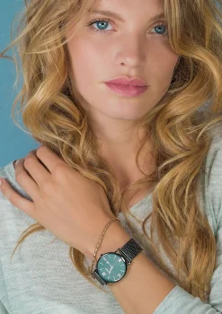 ZINZI Roman horloge zwartgekleurde wijzerplaat en kast met rosé wijzers zwarte stalen mesh band 34mm extra dun ZIW509M