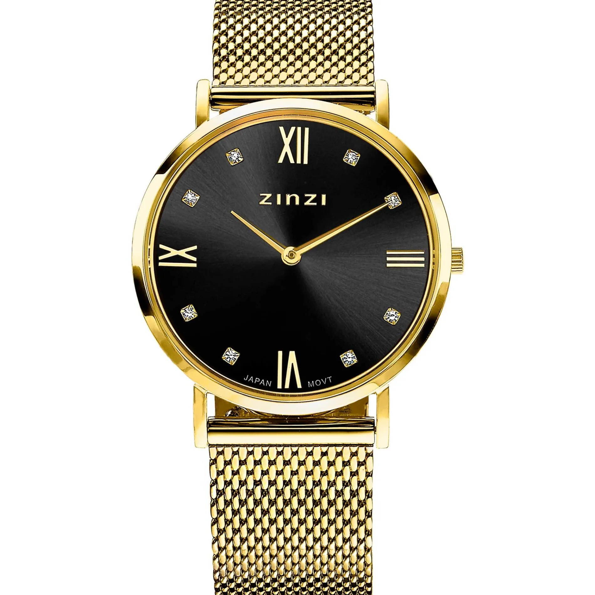 ZINZI Roman horloge zwarte wijzerplaat, witte zirconia's bij uuraanduiding, goudkleurige stalen mesh band 34mm ZIW543M