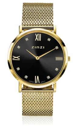 ZINZI Roman horloge zwarte wijzerplaat, witte zirconia's bij uuraanduiding, goudkleurige stalen mesh band 34mm ZIW543M