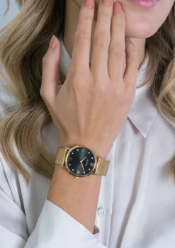 ZINZI Roman horloge zwarte wijzerplaat, witte zirconia's bij uuraanduiding, goudkleurige stalen mesh band 34mm ZIW543M