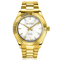 ZINZI Solaris horloge met witte parelmoer wijzerplaat, stalen geelgoudkleurige kast 35mm en stalen band met clip-sluiting. Het Japanse uurwerk loopt op zon- en kunstlicht ZIW2134