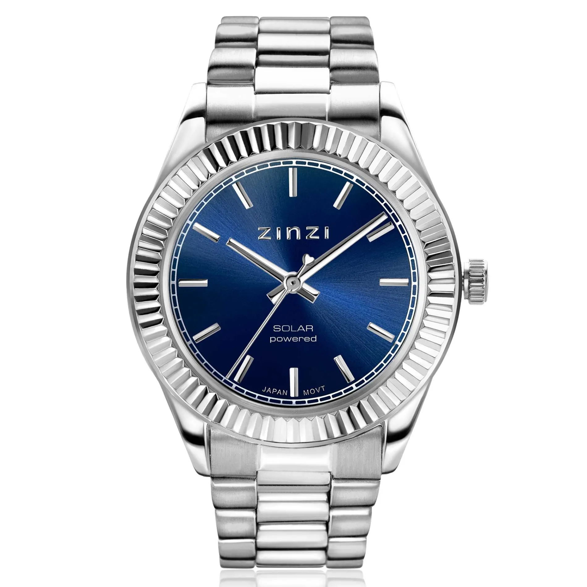 ZINZI Solaris horloge met blauwe wijzerplaat, stalen kast 35mm en stalen band met clip-sluiting. Het Japanse uurwerk loopt op zon- en kunstlicht ZIW2155