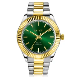 ZINZI Solaris horloge met groene wijzerplaat, stalen bicolor kast 35mm en stalen bicolor band met clip-sluiting. Het Japanse uurwerk loopt op zon- en kunstlicht ZIW2135