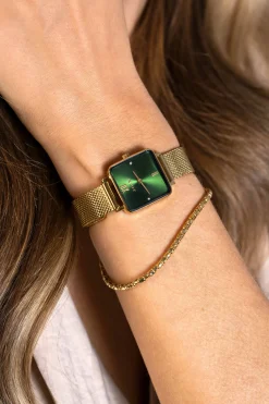 ZINZI Square Mini horloge groene wijzerplaat en vierkante geelgoudkleurige kast stalen mesh band 22mm extra dun ZIW1735