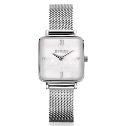 ZINZI Square Mini horloge witte parelmoer wijzerplaat en vierkante zilverkleurige kast stalen mesh band 22mm extra dun ZIW1717