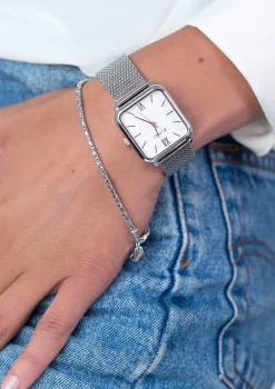 ZINZI Square Roman horloge witte wijzerplaat en rechthoekige kast stalen mesh band 32mm extra dun ZIW806M