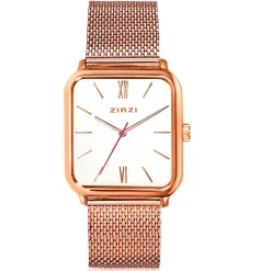 ZINZI Square Roman horloge witte wijzerplaat en rechthoekige roségoudkleurige kast stalen mesh band 32mm extra dun ZIW808M