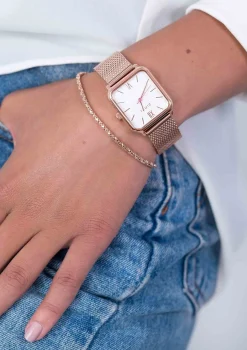 ZINZI Square Roman horloge witte wijzerplaat en rechthoekige roségoudkleurige kast stalen mesh band 32mm extra dun ZIW808M