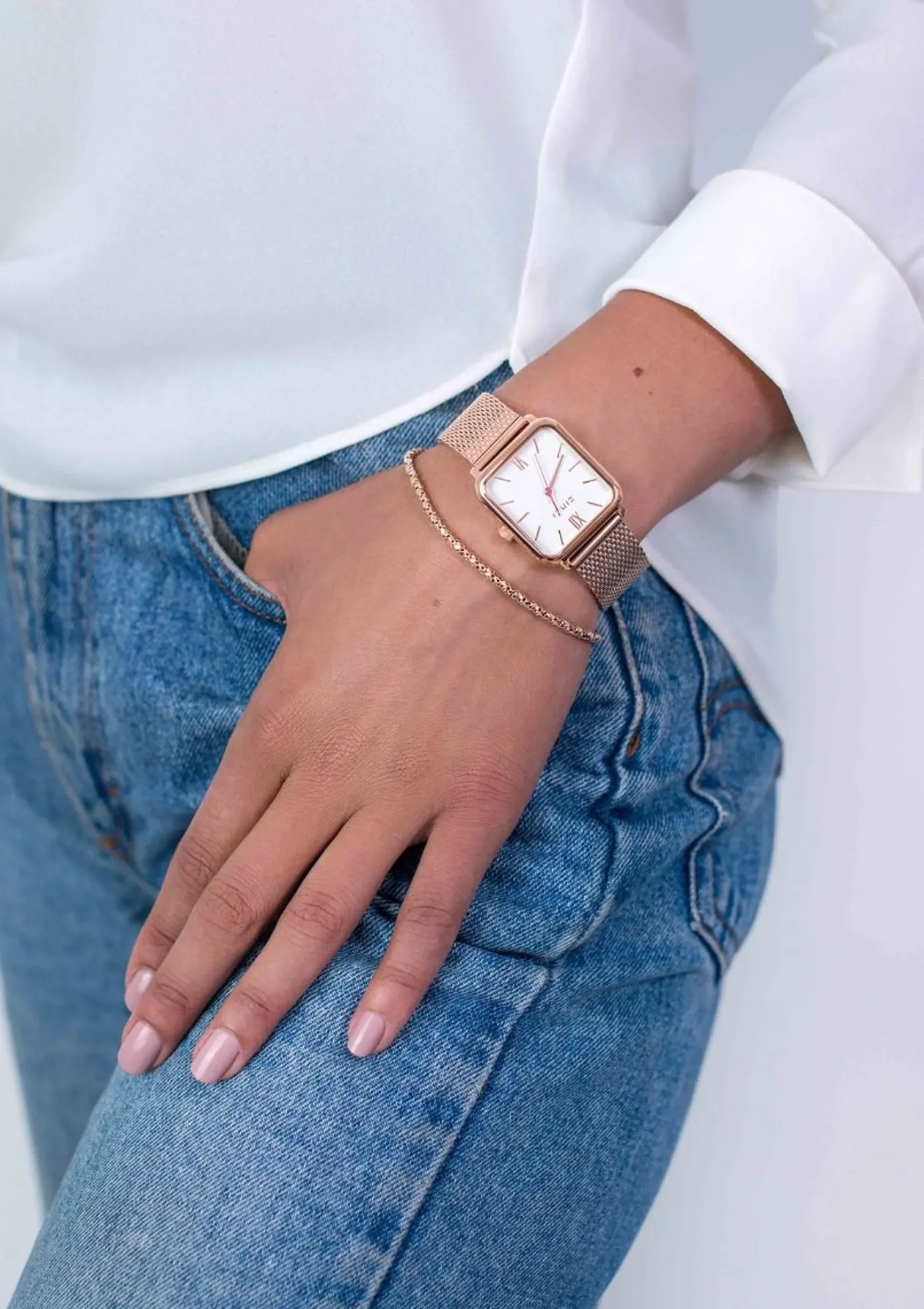 ZINZI Square Roman horloge witte wijzerplaat en rechthoekige roségoudkleurige kast stalen mesh band 32mm extra dun ZIW808M