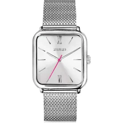 ZINZI Square Roman horloge zilvergekleurde wijzerplaat en rechthoekige kast stalen mesh band 32mm extra dun ZIW802M