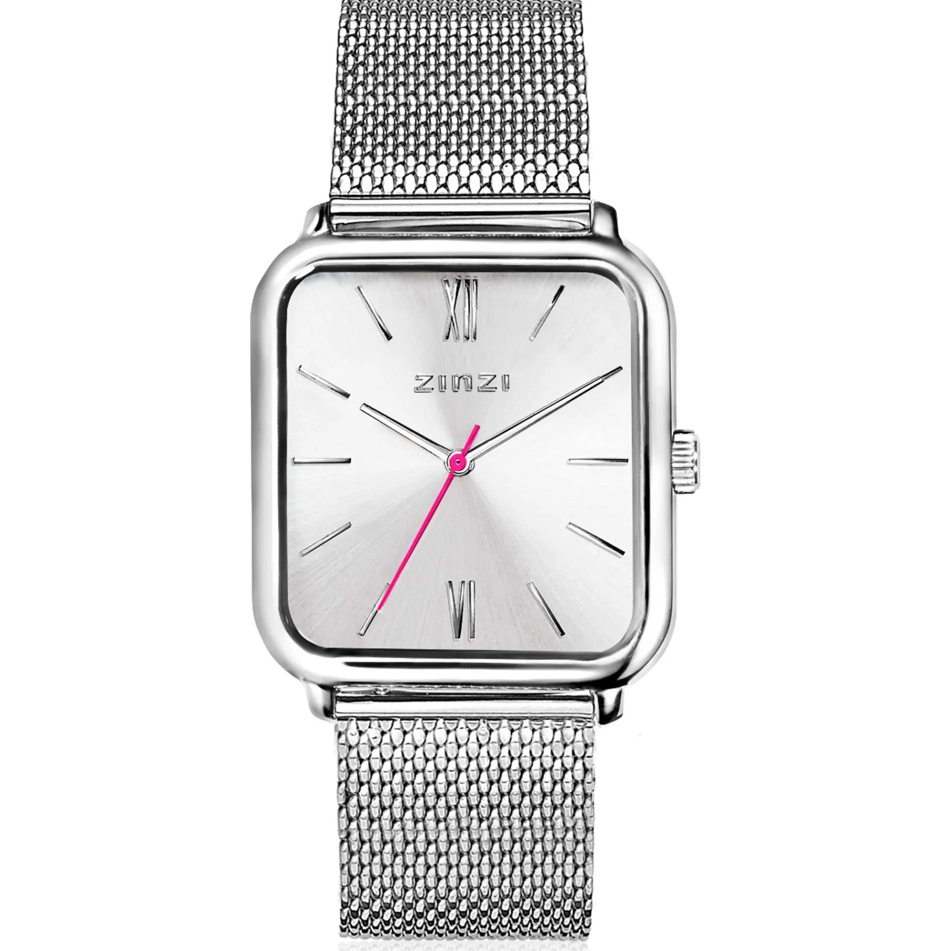 ZINZI Square Roman horloge zilvergekleurde wijzerplaat en rechthoekige kast stalen mesh band 32mm extra dun ZIW802M