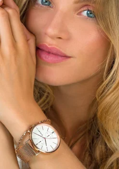 ZINZI Traveller horloge witte wijzerplaat en roségoudkleurige kast stalen mesh band roségoudkleurig 39mm dual time ZIW708M