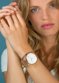 ZINZI Traveller horloge witte wijzerplaat en roségoudkleurige kast stalen mesh band roségoudkleurig 39mm dual time ZIW708M
