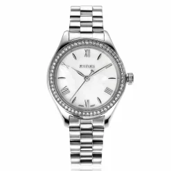ZINZI Tresor horloge 32mm bezet met witte zirkonia's, parelmoer wijzerplaat en zilverkleurige stalen kast en schakelband ZIW2417