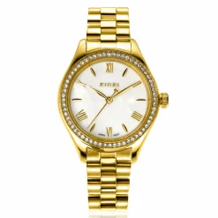 ZINZI Tresor horloge 32mm bezet met witte zirkonia's, parelmoer wijzerplaat en goudkleurige stalen kast en schakelband ZIW2434