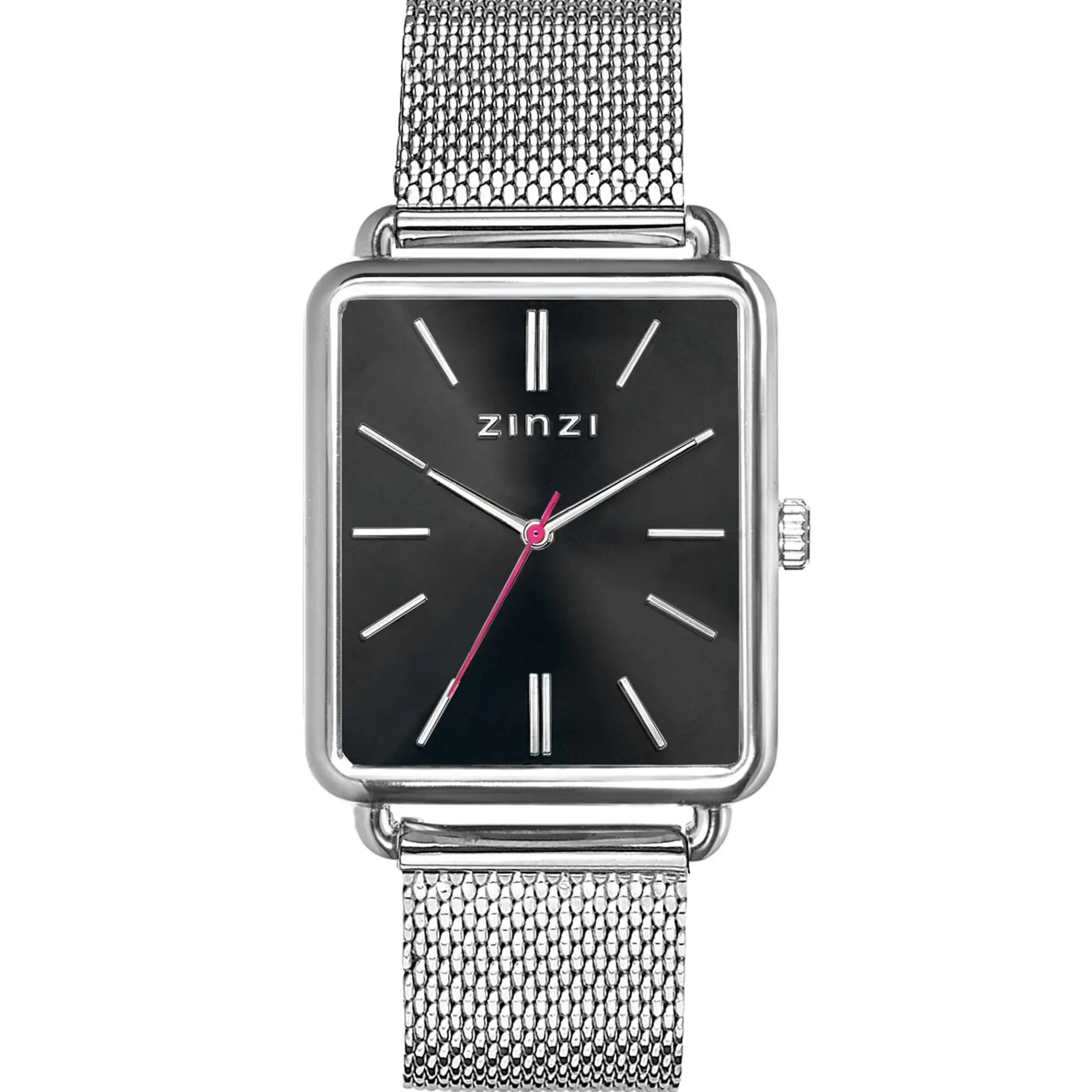 ZINZI Vintage Retro horloge zwarte wijzerplaat en rechthoekige kast stalen mesh band 34mm extra dun ZIW901M
